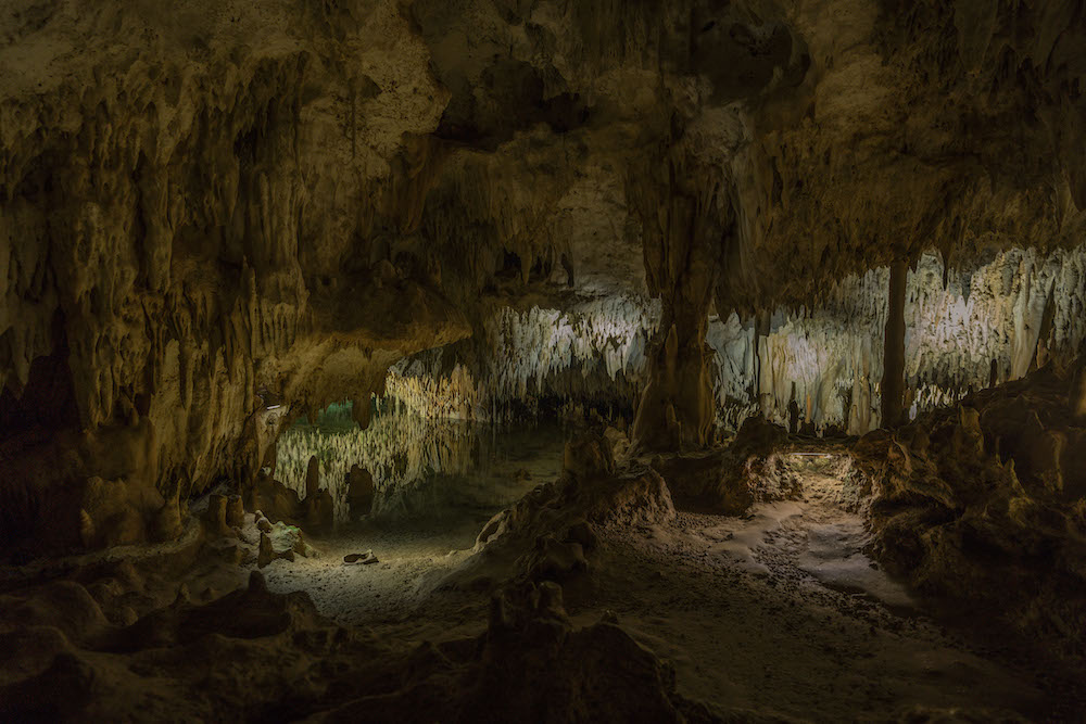 The inside of one of the crystal caves lit up